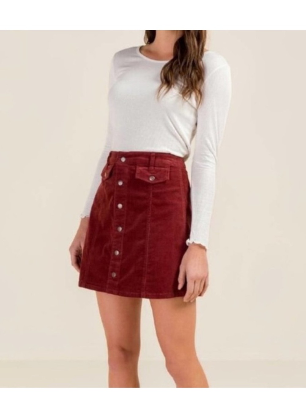 Women's Button-Front Corduroy Skirt in Deep Burgundy